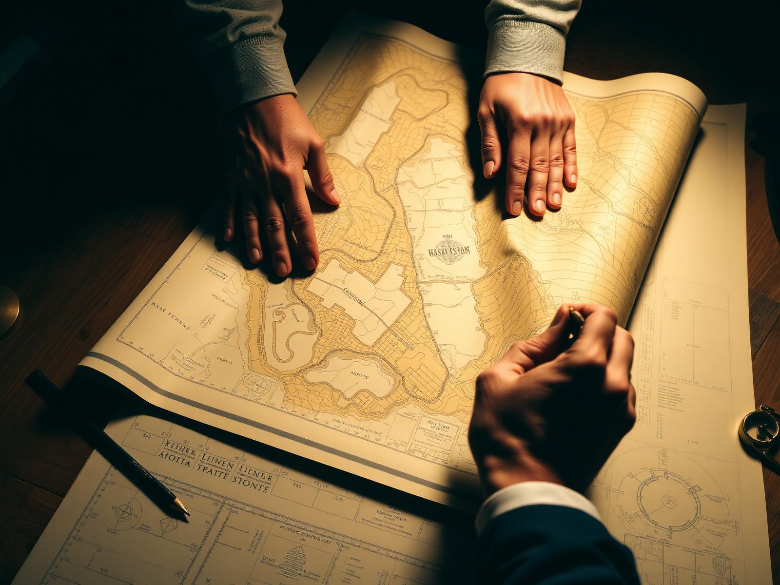 Two people studying a large estate layout map spread across a desk.
