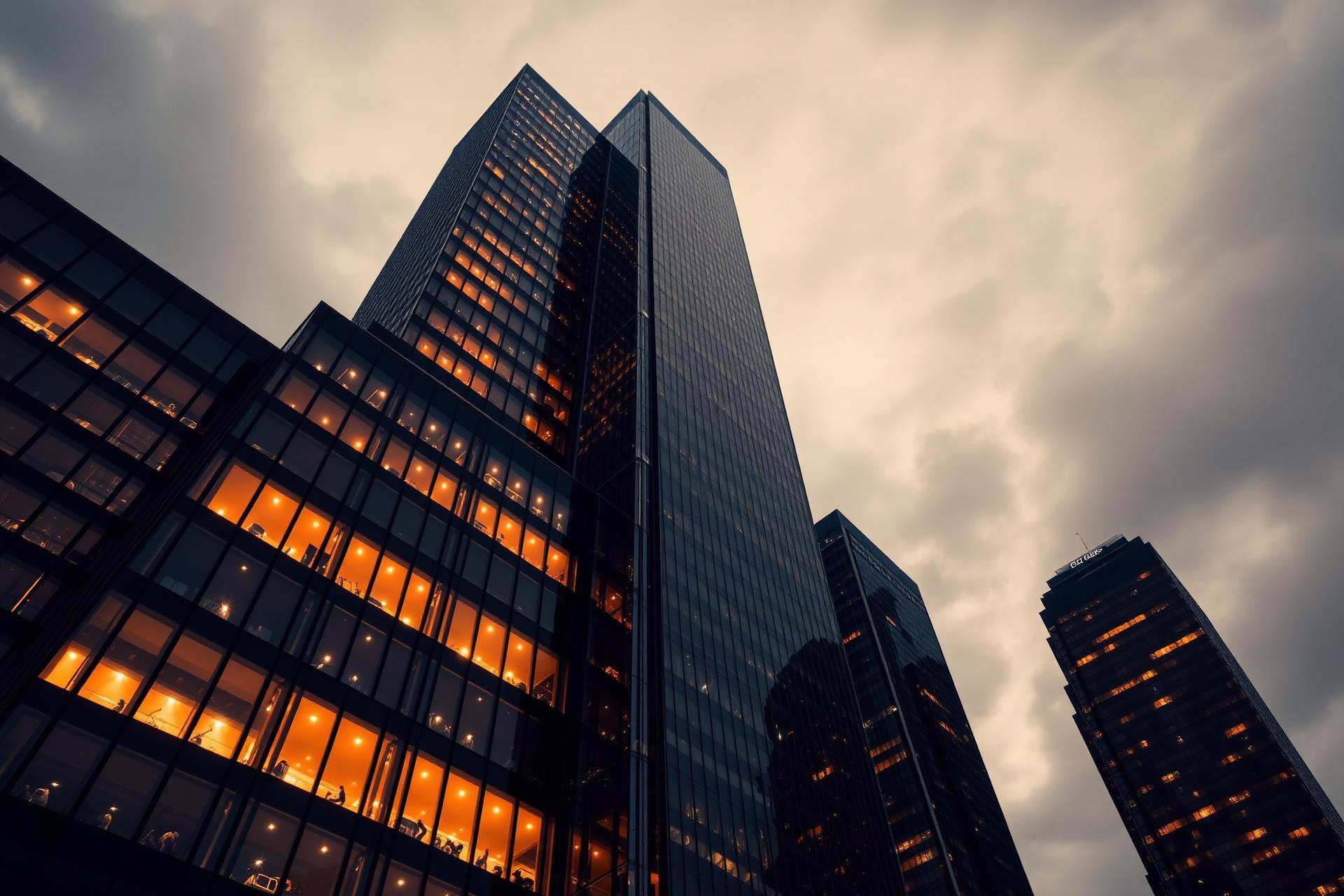 Glass office towers seen from street level at dusk.