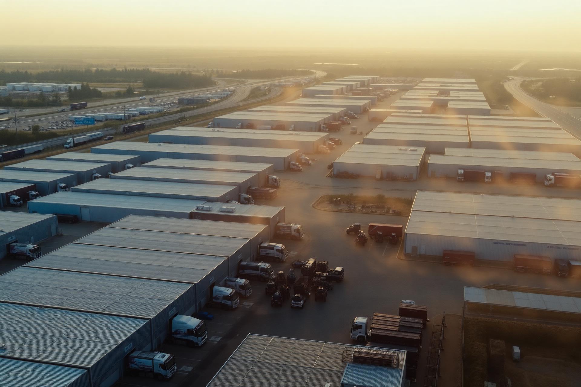 An aerial view of a warehouse park with lorries at the loading bays.