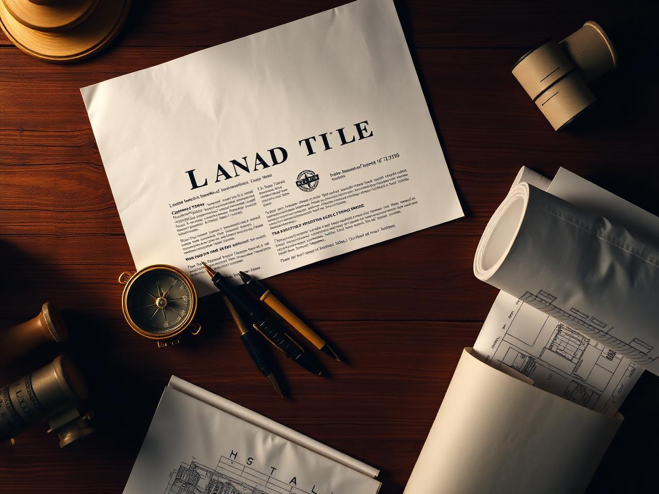 A land title document, drafting compass and rolled plans on a desk.