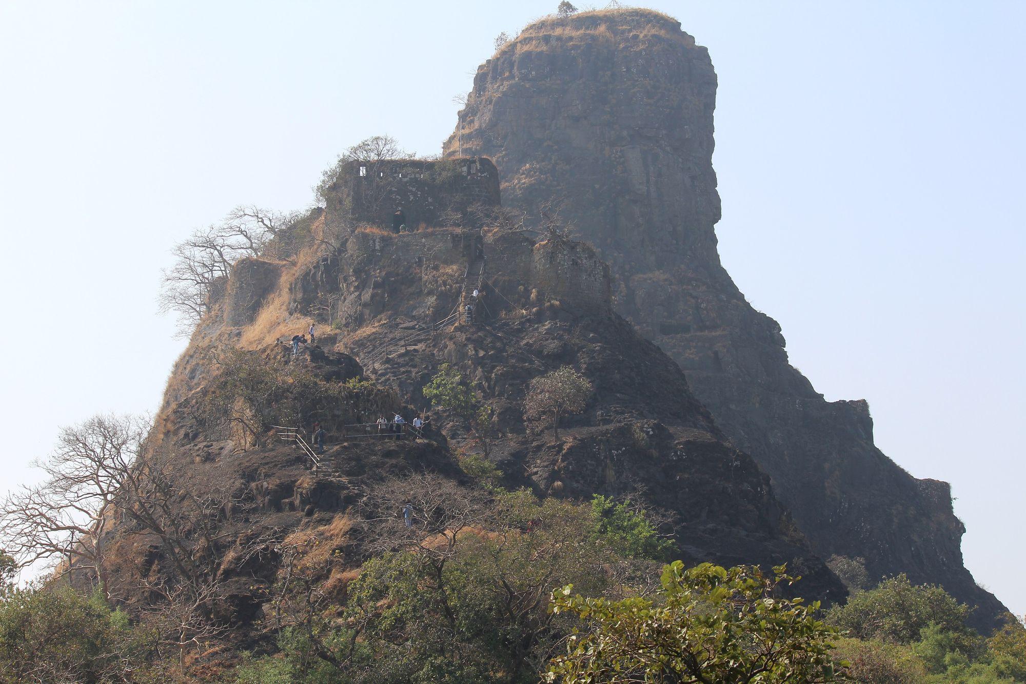 The rocky pinnacle of Karnala Fort rising above forested slopes.