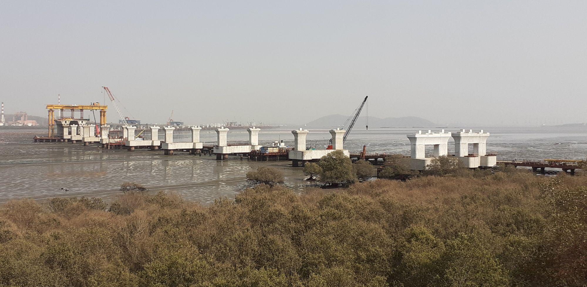 Mumbai Trans Harbour Link piers under construction across mangroves, seen from Sewri Fort.