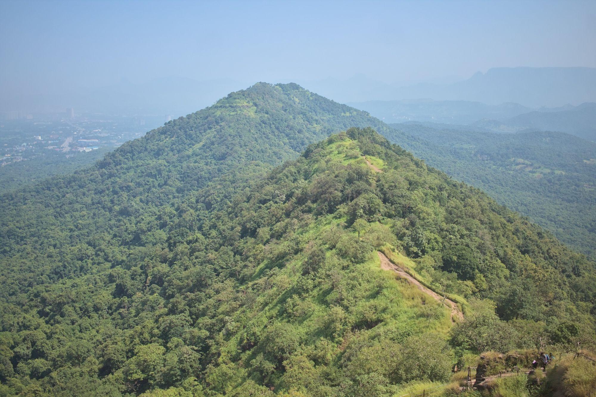 Green forested hills in Panvel taluka seen from Karnala Fort.