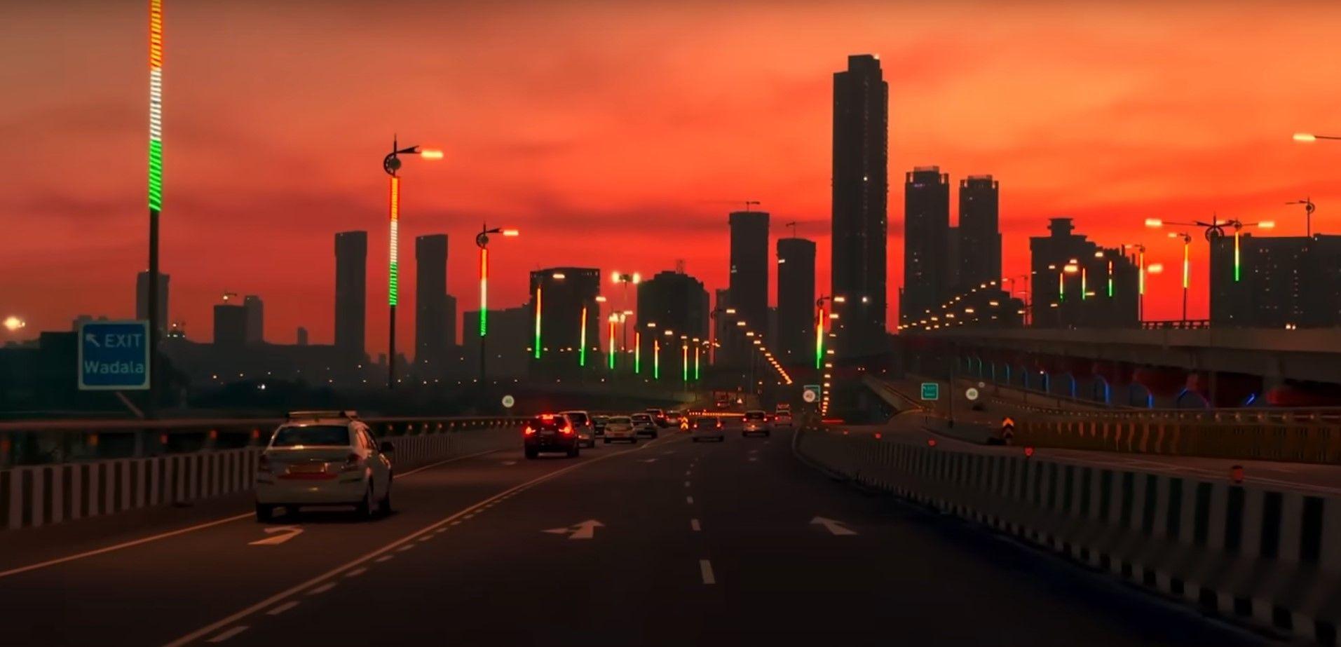 The Mumbai skyline at sunset seen from the Atal Setu roadway.